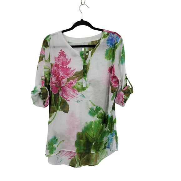 Vintage Tropical Gauze Beach Coverup Top Blouse XL White Floral Tab Sleeve Aloha - Picture 12 of 13